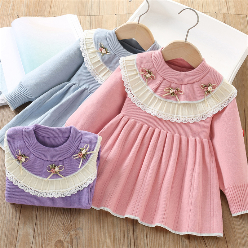 Baby Clothing Jumper - 女の赤ちゃんニットドレス子供秋花セーターガウン子供冬暖かい Vestidos 幼児レースジャンパーカジュアル服