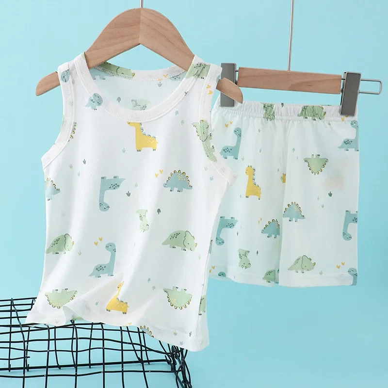 Baby Clothing Deals - 子供竹綿ベストスーツ夏薄いノースリーブ服かわいい漫画プリント赤ちゃん男の子女の子 2 ピース衣装子供服