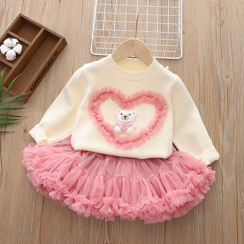 Baby Clothing Jumper - 女の赤ちゃんのクマの愛のジャンパーとふわふわのスカートのセット,子供服,新しいファッション,秋冬,2個