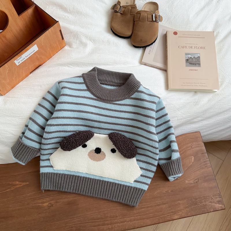 素敵な漫画犬柄子供秋プルオーバーストライプニットセーター子供 - Baby Clothing Jumper のレビューと価格