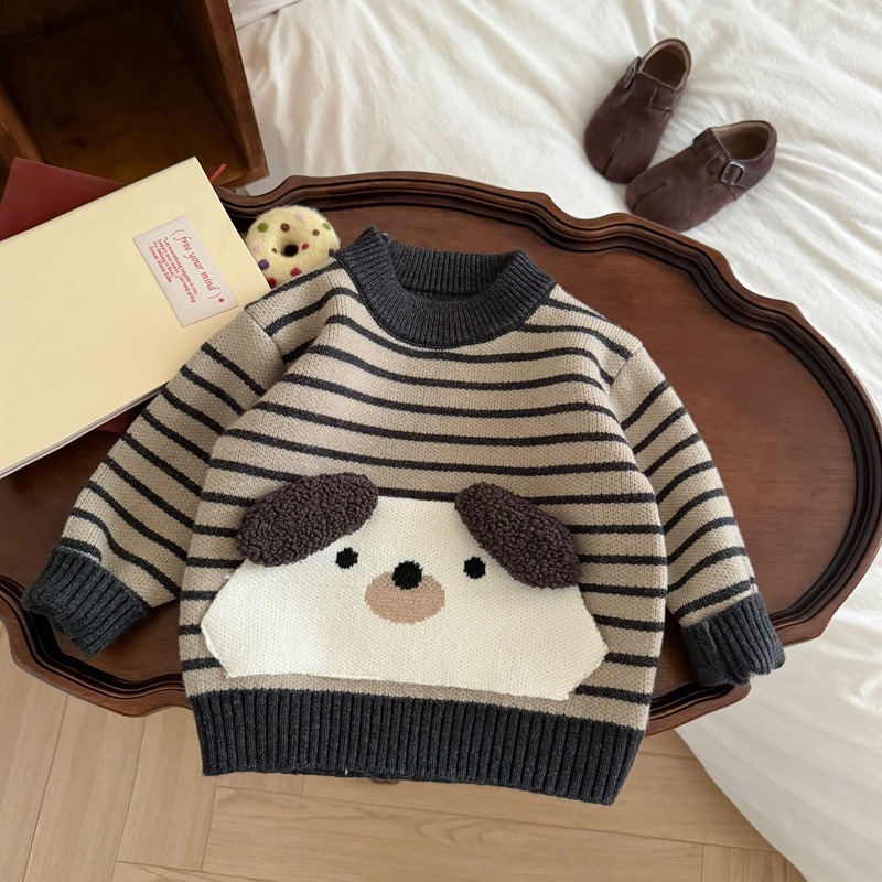 素敵な漫画犬柄子供秋プルオーバーストライプニットセーター子供 - Baby Clothing Jumper のレビューと価格