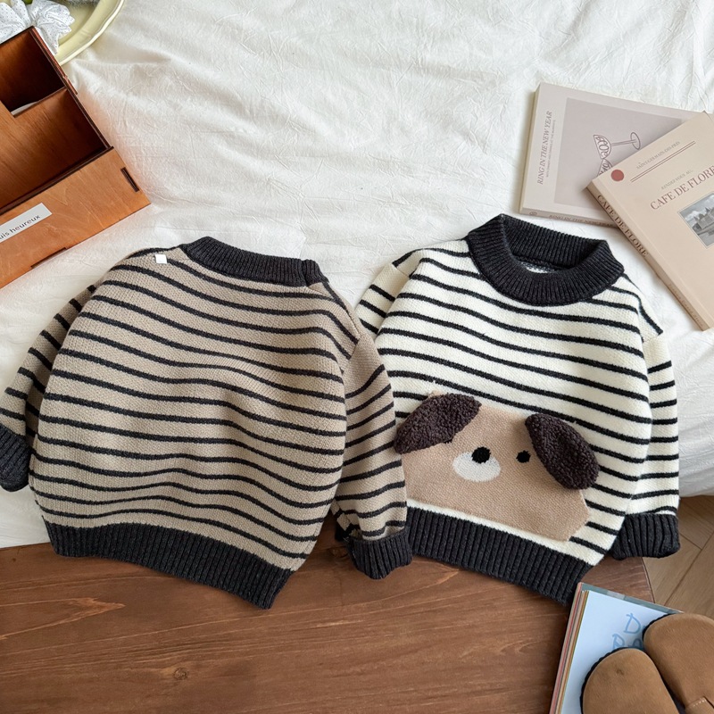 素敵な漫画犬柄子供秋プルオーバーストライプニットセーター子供 - Baby Clothing Jumper のレビューと価格