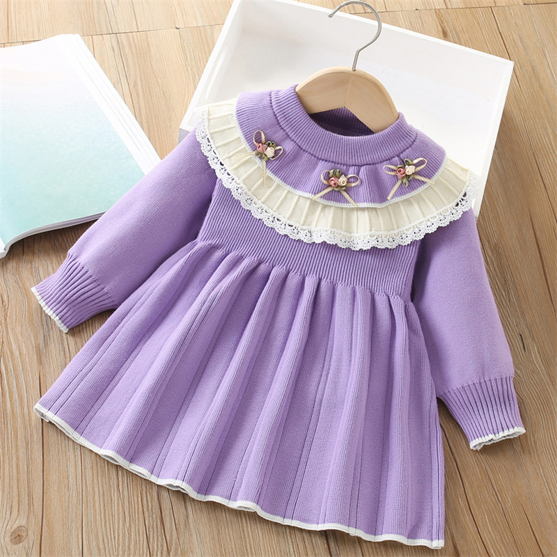 女の赤ちゃんニットドレス子供秋花セーターガウン子供冬暖かい  - Baby Clothing Jumper のレビューと価格